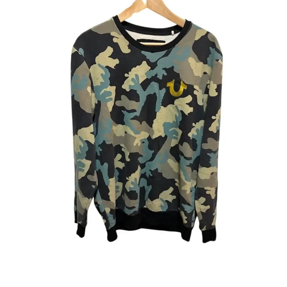 True Religion Camo Crewneck Sweatshirt Men's Medium Camouflage Horseshoe Logo
